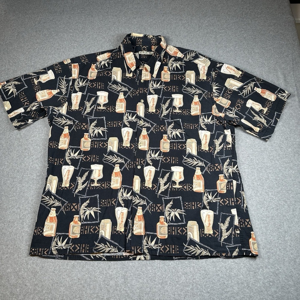 Vintage Batik Bay Hawaiian Shirt XXL Black Tropical Bar Drink Print Cotton